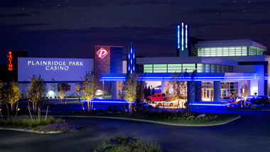 A nighttime view of the entrance to Plainridge Park Casino in Massachusetts.