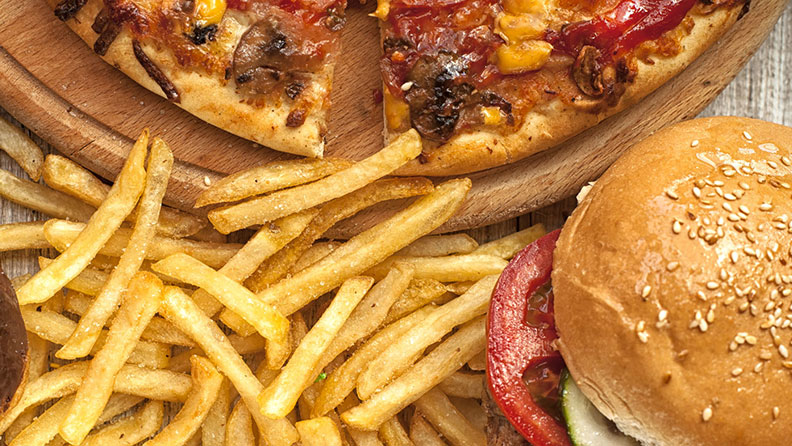 pizza, burger, fries